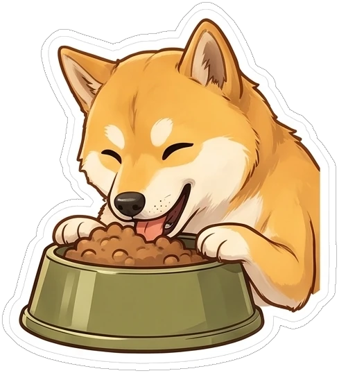 SHIJIN happily eating from an olive dog bowl