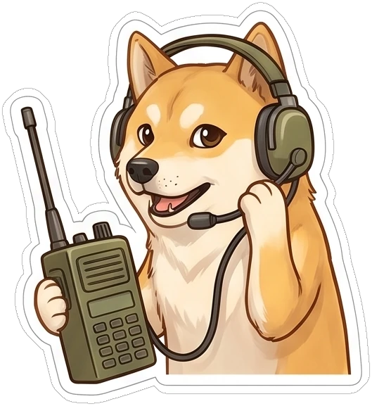 Shijin on a field radio, calling in the pack